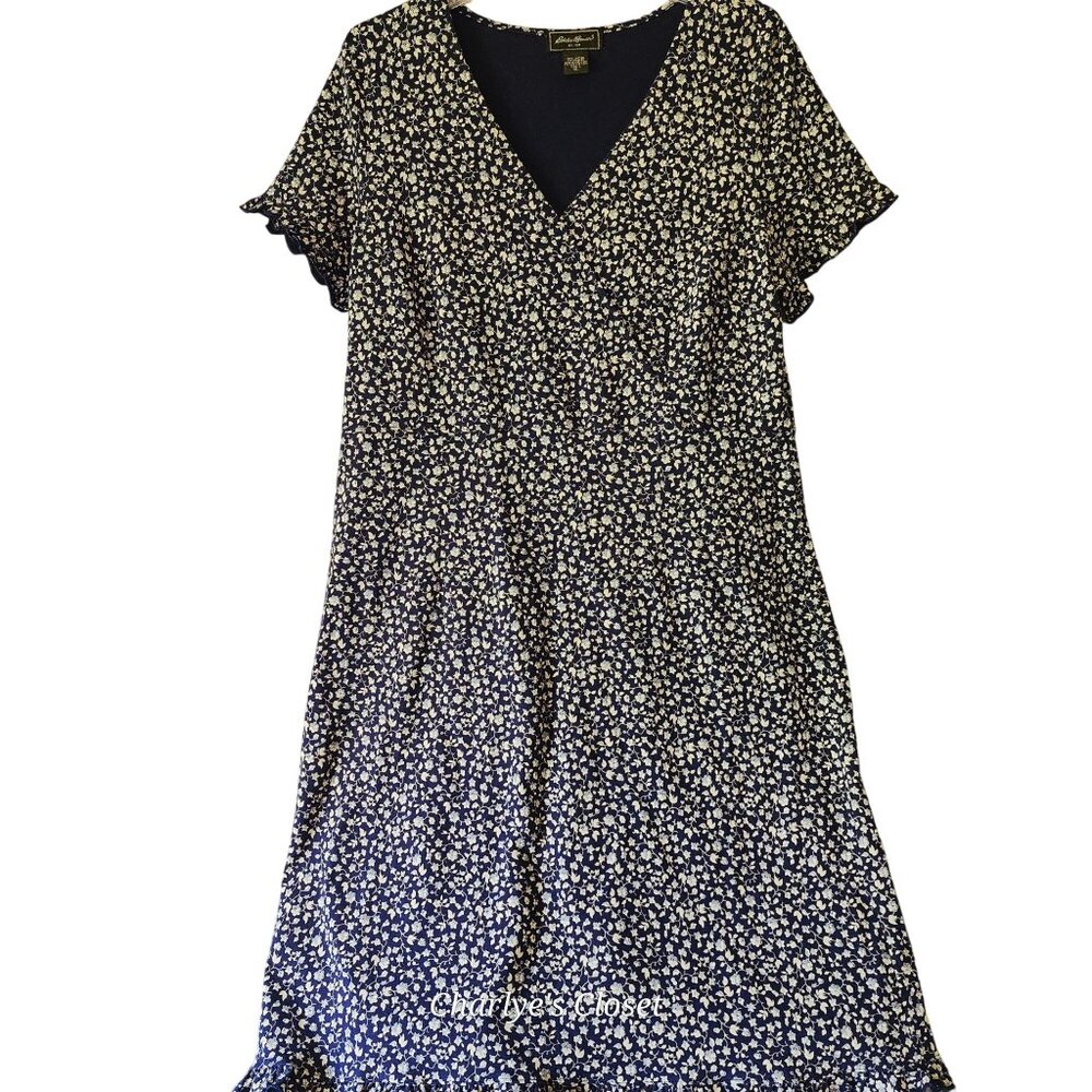 Eddie Bauer Classic Navy Floral Cottagecore Midi Dress Ruffle Trim Sz. XL Tall - Picture 1 of 10